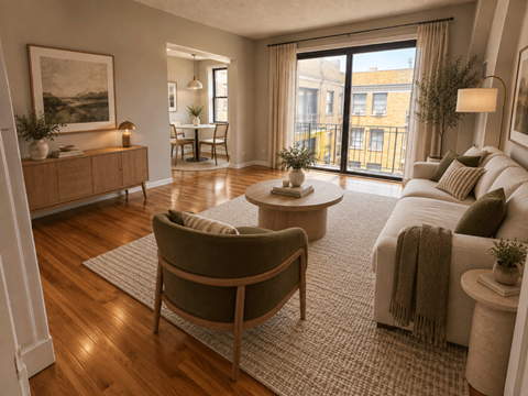 A living room with a brown chair and a white couch.
