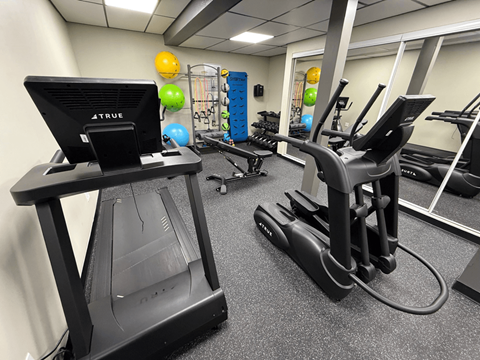 A gym with a treadmill, exercise balls, and a treadmill desk.