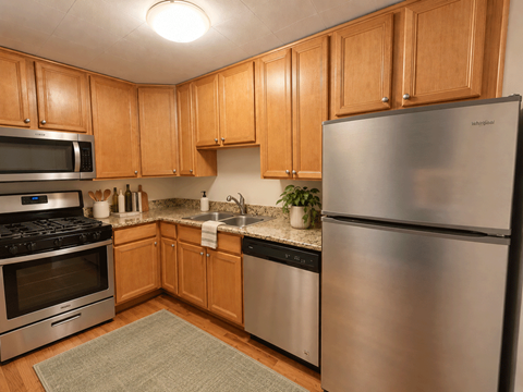 A kitchen with wooden cabinets and stainless steel appliances.