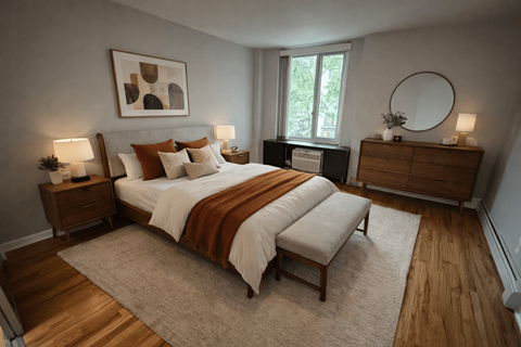 A bedroom with a large bed, a nightstand, and a side table with lamps.