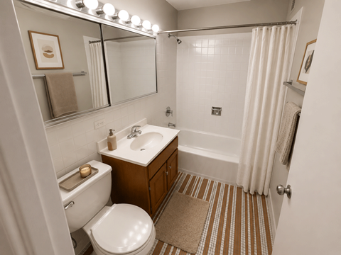 A bathroom with a toilet, sink, and shower.
