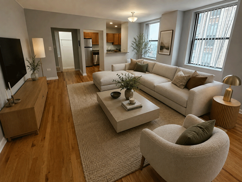 A living room with a white couch and a grey armchair.