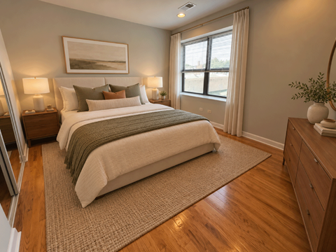 A bedroom with a large bed, two lamps, and a painting on the wall.