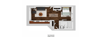 A floor plan of a living room with a kitchen area and a bathroom.