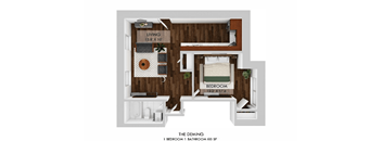 A diagram of a small apartment layout with a living room, bedroom, and bathroom.