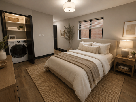 A bedroom with a bed, nightstand, and a washing machine in the laundry area.