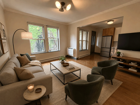 A living room with a grey couch, a coffee table, and a television.