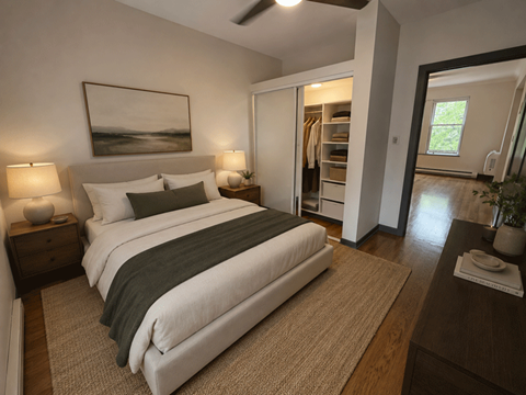 A bedroom with a large bed and a painting on the wall.