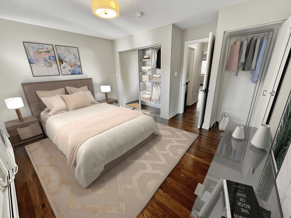 a bedroom with a bed and a closet