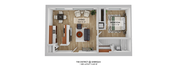 A 1 bedroom apartment layout at The District @ Sheridan.