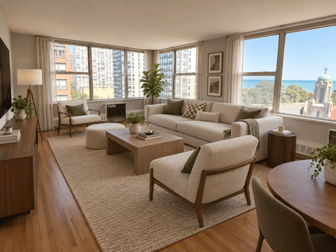 A living room with a large window overlooking the city.
