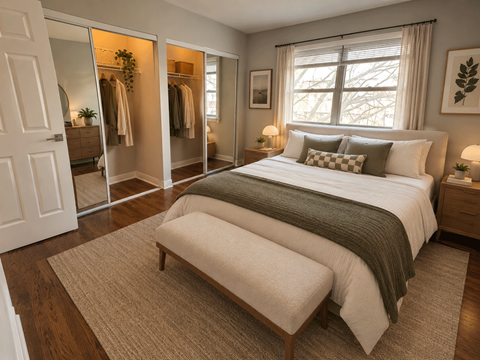A bedroom with a large bed and a bench in front of it.