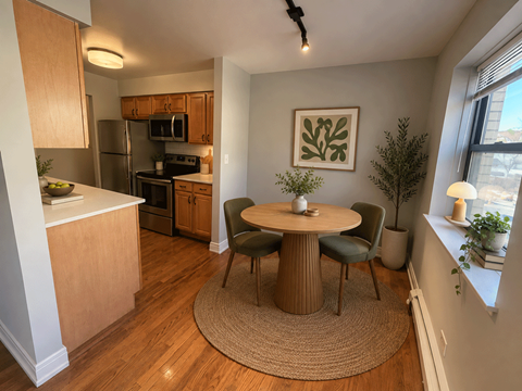 A kitchen with a table and chairs in the middle of the room.