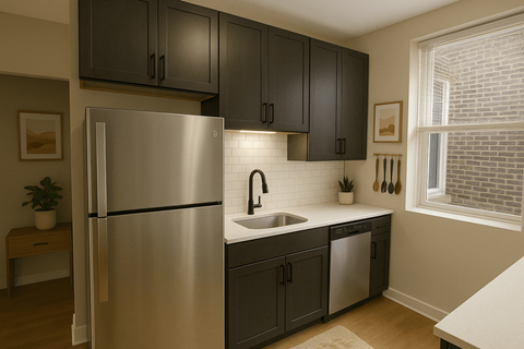 A kitchen with a stainless steel refrigerator and black cabinets.