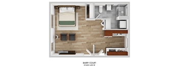 Barry Court Studio 400 SF floor plan.