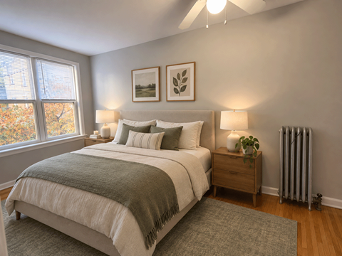 A bedroom with a bed, nightstand, and window.