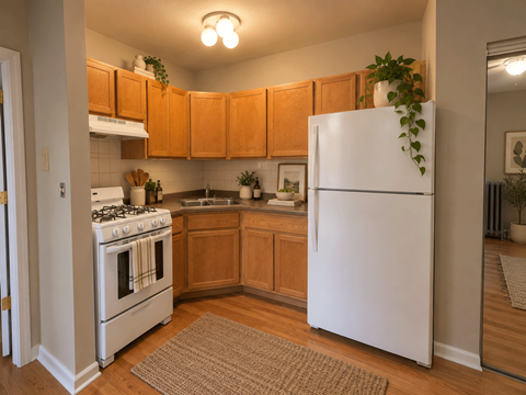 A kitchen with wooden cabinets and a white refrigerator.