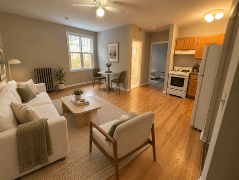 A living room with a couch, chair, and table.
