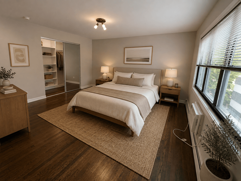 A bedroom with a large bed and a window with blinds.