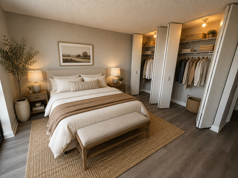 A bedroom with a large bed and a bench in the middle of the room.