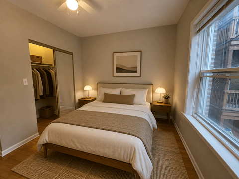 A bedroom with a large bed and a window overlooking a city.