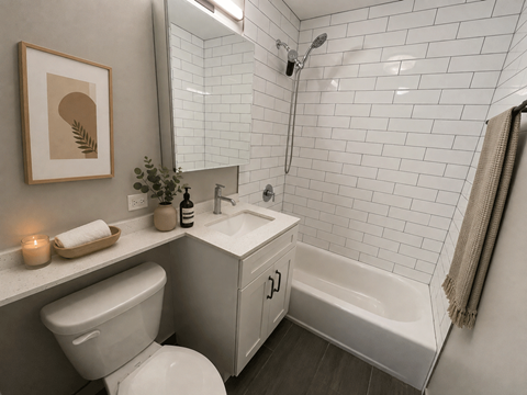 A white bathroom with a toilet, sink, and bathtub.
