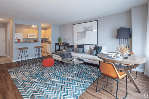 A living room with a grey sofa, a round orange cushion, a round wooden table with a chair and a rug with a chevron pattern.