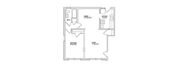 A floor plan of a living space with a kitchen, dining area, bathroom, and bedroom.