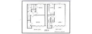 A black and white image of a Type B floor plan for 945 Sq. Ft.