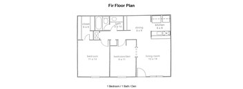 A floor plan of a one bedroom apartment with a bath and den.