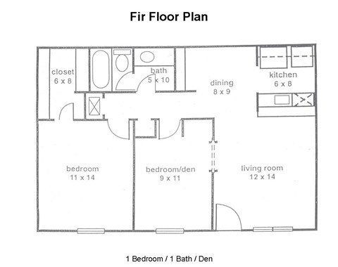 A floor plan of a one bedroom apartment with a bath and den.