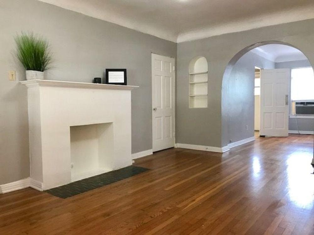 A living room with a fireplace and a plant on top of it.