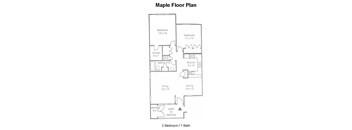 A floor plan of a Maple floor plan with two bedrooms and one bath.