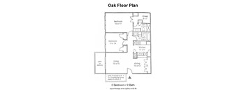 A drawing of a floor plan for a house with two bedrooms and two bathrooms.
