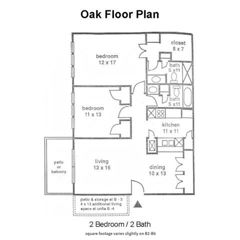A drawing of a floor plan for a house with two bedrooms and two bathrooms.
