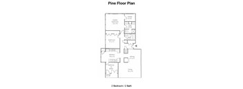 A floor plan of a pine floor layout with two bedrooms and two bathrooms.
