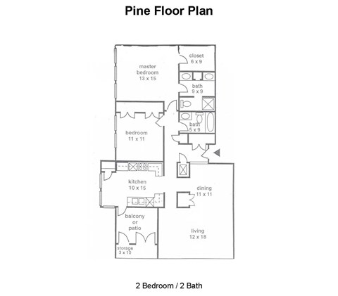 A floor plan of a pine floor layout with two bedrooms and two bathrooms.