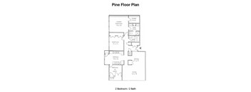 A floor plan of a pine floor house with two bedrooms and two bathrooms.