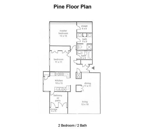 A floor plan of a pine floor house with two bedrooms and two bathrooms.