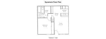 A floor plan of a Sycamore with a bedroom, bathroom, living room, kitchen and dining area.