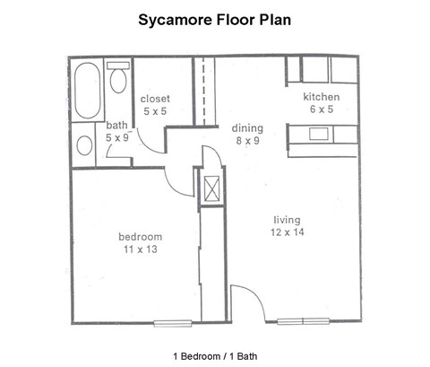 A floor plan of a Sycamore with a bedroom, bathroom, living room, kitchen and dining area.