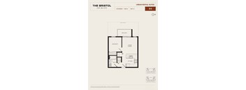 A diagram of a 1 bedroom, 1 bath apartment in The Bristol at 18th and 97th.