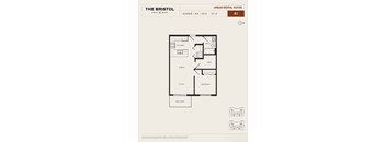 A floor plan for a one bedroom, one bathroom apartment at The Bristol.