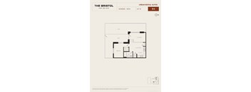 A diagram of a floor plan for a 1 bedroom, 1 bath apartment at The Bristol.