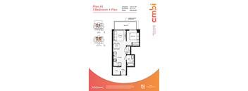 A floor plan for a 1 Bedroom + Flex apartment in Plan A1.