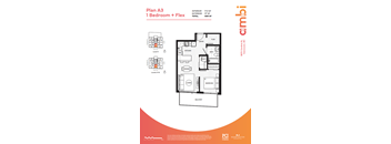 A three-bedroom apartment floor plan with a garage.