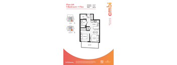 A floor plan for a 1 bedroom apartment with a flex room.