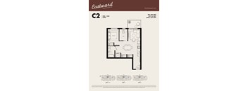 A floor plan for a C2 apartment with 1 bed, 1 bath, 605 square feet inside, and 56 square feet outside.
