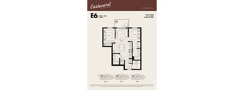A floor plan for an Eastward apartment shows two bedrooms and two bathrooms.