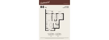 A floor plan for a D3 apartment with 2 bedrooms and 1 bathroom.